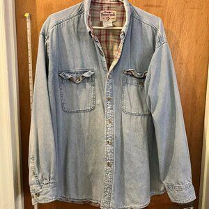 🐻Size XXL - Wrangler - Light Blue Denim Button-Down w/Plaid Lining - Some Wear